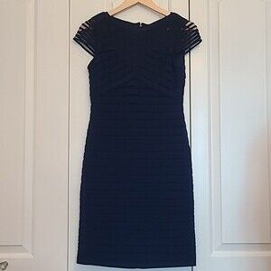Adrianna Papell Navy Corded Yoke Pleat Jersey Sheath Dress Size 2